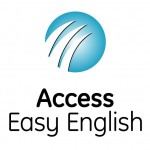 Access Easy English Logo. Teal Blue sphere. 3 small arcs from left to right across it